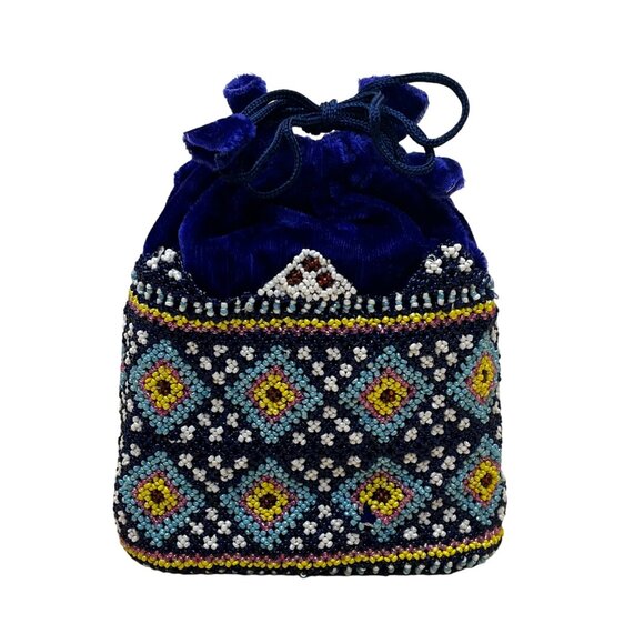 Beaded Velvet Drawstring Pouch Navy Ethnic Geometric Design Embellished Handbag - Picture 1 of 7